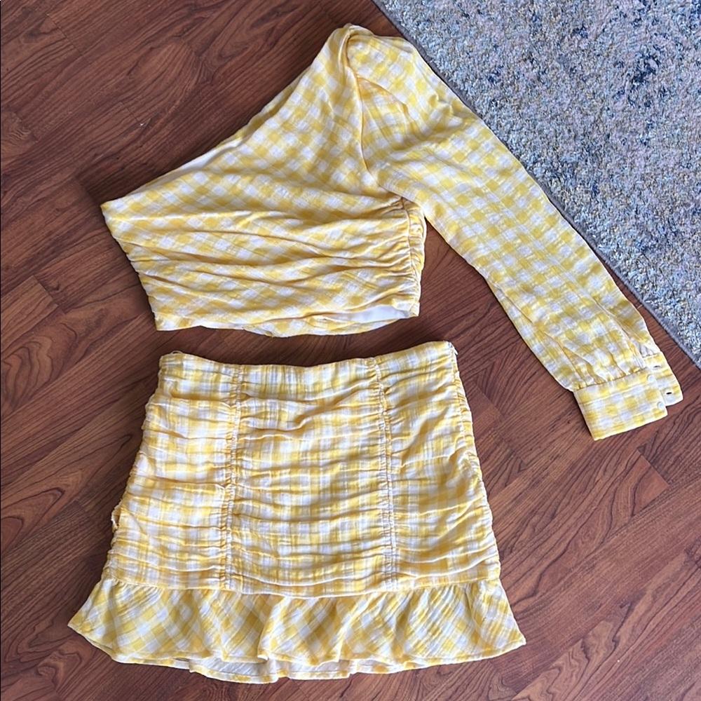 Yellow Plaid linen Women's Skirt Set